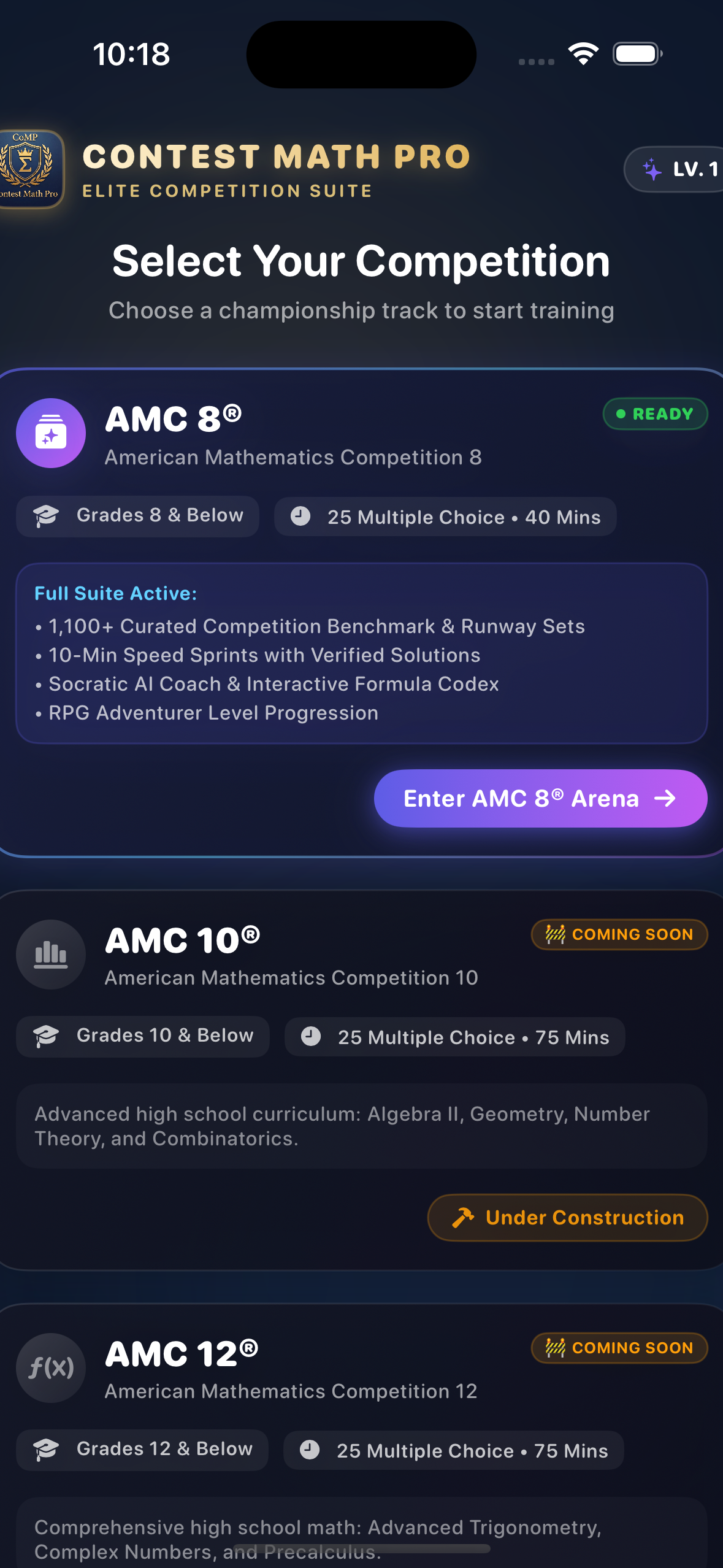 Contest Math Pro App Dashboard Simulator Preview